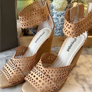 Jeffrey Campbell Tan Laser-Cut Ankle Strap Wedges